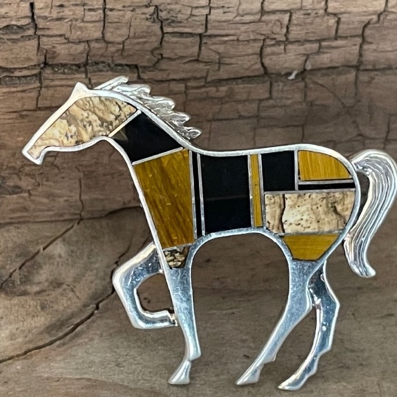 Zuni Inlay Horse Pin Brooch Tiger Eye, Onyx, Jasper, Sterling Silver - Picture 2 of 13